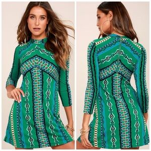 Free People Stella Green Print Long Sleeve Mini Dress, M